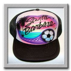 Airbrushed Trucker Hat *  Soccer Beach Scene * You Choose Wording by FreshAirShirts on Etsy White 5-panel Baseball Cap For Beach, Customizable White Flat Brim Trucker Hat, Customizable White 5-panel Baseball Cap, Customizable White 5-panel Hat, White Customizable Baseball Cap With Flat Brim, Fun White Snapback Hat For Sports, Fun White Baseball Cap For Sports, Customizable White Hats For Sports Events, White 5-panel Hat For Sports Events