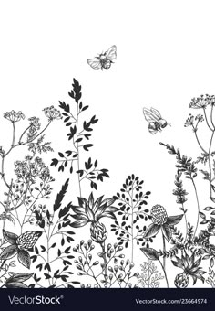 black and white drawing of wildflowers with butterflies in the sky above them by person