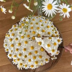 a person cutting a piece of cake with daisies