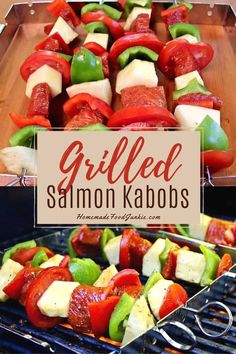 grilled salmon kabobs on a grill with the title overlay reads grilled salmon kabobs