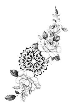 a black and white drawing of flowers with leaves on the bottom half of each flower