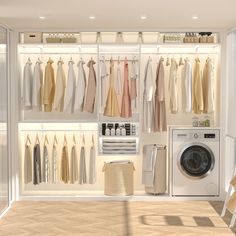 a washer, dryer and clothes in a room