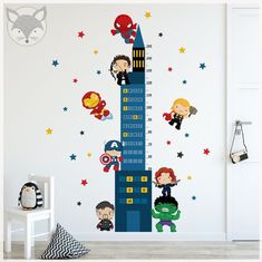 children's room with wall stickers featuring avengers and spider - man in the city