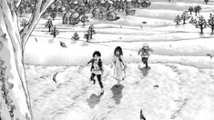 two children are walking through the snow in front of a village and trees, one is holding