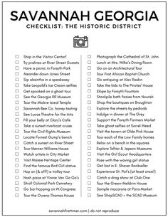 the savannah georgia checklist is shown in black and white, with an image of a camera