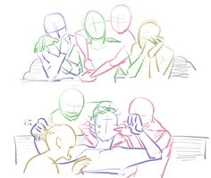 three different colored drawings of people sitting at a table with their hands on their heads