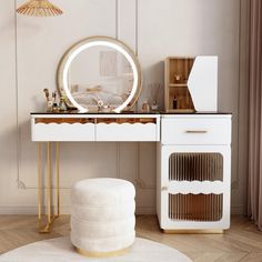 a white desk with a mirror and stool in front of it on a wooden floor