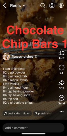 the chocolate chip bars menu is displayed on an iphone