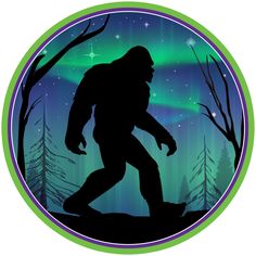 a bigfoot is silhouetted against the northern lights in this circular cut - out