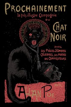 a black cat with red eyes sitting on top of a sign that says prochaiment noir