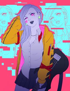 a drawing of a girl with purple hair holding a guitar and wearing a yellow jacket