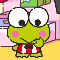 the frog is wearing a red and white striped shirt