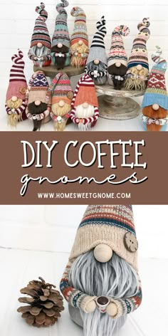 gnomes made out of knitted hats and pine cones with text overlay reading diy coffee gnomes