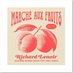 the label for marche aux fruits, featuring two peaches with leaves on them