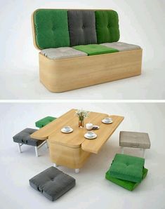 two pictures of a couch and table with green cushions on it, one is made out of wood