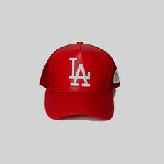 + la embroidered  + red + leather + trucker hat + adjustable snap closure Christmas Deals, Adult Costumes, Snap Closure, Red Leather, Trucker Hat, Gender Neutral, Bathing Beauties, Accessory Gift, Adult Outfits