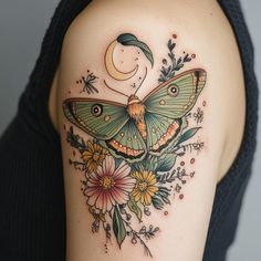 Luna Moth Tattoo Tattoo Craft Set Portals Inspired Tattoos, Moth Life Cycle Tattoo, Forest Goddess Tattoo, Celestial Moth Tattoo, Luna Moth Sternum Tattoo, Moth Tattoo Back, Brown Ink Tattoo On Light Skin, Cute Moth Tattoo, Traditional Chest Tattoo Female