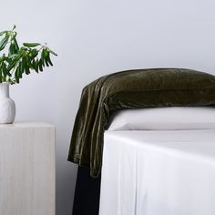 a white bed topped with a green velvet comforter next to a vase filled with plants