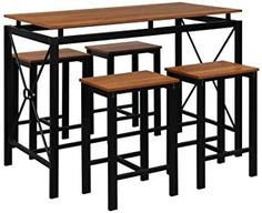 the table and stools are made from metal with wood top, black legs and wooden seat