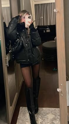 Style Sequin Top, Oversized Leather Jacket Aesthetic, Clubbing Outfits Nightclub Winter, Leather Flared Pants Outfit, Club Outfits Cold Weather, Leather Jacket Boots Outfit, Boots Club Outfit, Winter House Party Outfit, Black Skirt And Boots Outfit