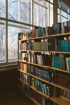 a bookshelf filled with lots of books in front of large windows next to a wooden floor