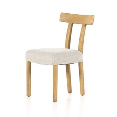 a wooden chair with a white seat and back rest on a white background, it appears to be made of wood