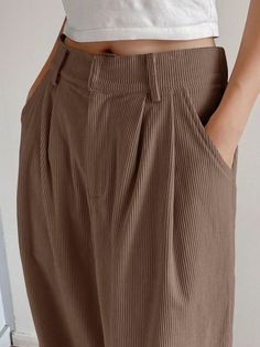 Women's Wideleg Pants With Pockets, Solid Color, Corduroy Material Coffee Brown Casual   Polyester Plain Wide Leg Non-Stretch Fall/Winter Women Clothing, size features are:Bust: ,Length: ,Sleeve Length: Winter Trousers, Corduroy Material, Grey Colour Suit, Fleece Tights, Fall Pants, Wideleg Pants, Rose Fashion, Pants With Pockets, Womens Tights