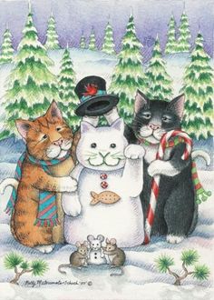 three cats are standing in the snow with one cat wearing a top hat and holding a candy cane