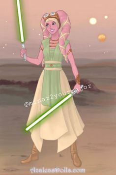 a cartoon character holding a green light saber in her right hand and wearing a white dress