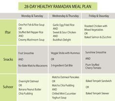 the 28 day healthy ramaan meal plan is shown in green and gray colors, including dates