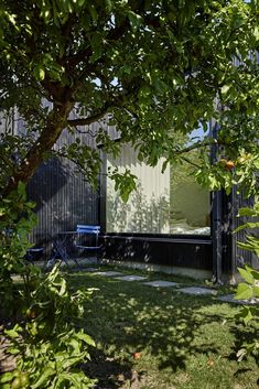 the house is surrounded by trees and grass