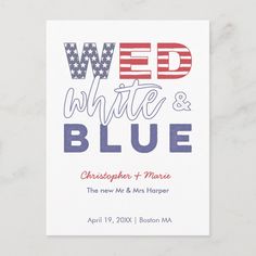 the red, white and blue wedding card