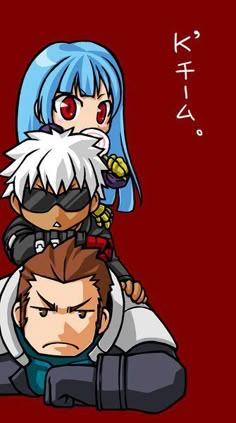 two anime characters one with blue hair and the other with red eyes, sitting on top of