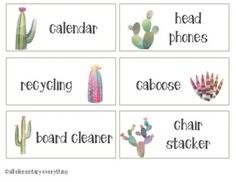 four different cactus themed words are shown in this printable flash card game for kids