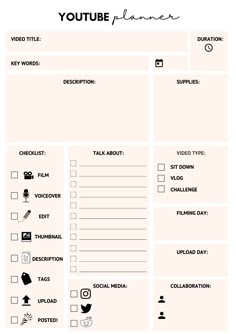 a printable planner with the words youtube and other things to do