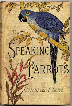 an old book with a blue parrot sitting on it's back cover and the title speaking parrots