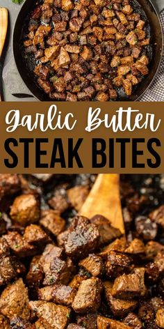 garlic butter steak bites in a cast iron skillet with text overlay that reads garlic butter steak bites