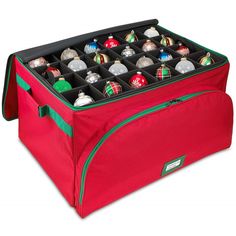 a red christmas ornament storage bag with twelve ornaments in it and zippered closures