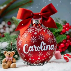 a red ornament with the word carolina on it and a teddy bear sitting next to it