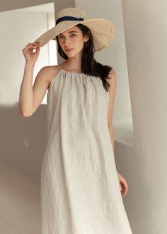 "Cool and comfortable for hot summer days, this natural linen sleeveless dress is elegant and stylish.    It is a wonderful wardrobe staple that's a timeless classic you'll wear again and again.Natural linen materials, comfortable, breathable, refreshing and soft fabric. All our items are Tailored and Handmade and Made to Order ,I can make Any Size . I design new styles every week, please collect my store. I believe that you will meet your favorite styles. ★★FEATURES Linen 55% + Cotton 45% ( Medium Weight，Comfortable, Breathable and Washed Soft fabric) Two side pockets Back belt closure Sleeveless dress Maxi linen dress Casual linen dress Long linen dress Plus size dress Loose linen dress Simple dress Holiday dress Perfect for Summer ★★Size Chart: ❤ Size chart is the garment's measurements Beige Linen Mini Dress For Summer, Beige Halter Neck Sundress For Summer, Beige Sleeveless Summer Sundress, Chic Sleeveless Beige Beach Dress, Chic Beige Sleeveless Beach Dress, Beige Sleeveless Halter Neck Dress For Vacation, Beige Halter Neck Sleeveless Dress For Vacation, Beige Linen Summer Mini Dress, Sleeveless Beige Summer Beach Dress