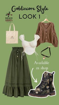 One With Nature Outfits, Cottagecore Green Outfit, Elf Core Aesthetic Outfits, Fae Aesthetic Outfit, Faerie Core Outfits, Mushroom Core Outfits, Forest Aesthetic Outfit, Witchy Goblincore, Hippie Boho Outfits