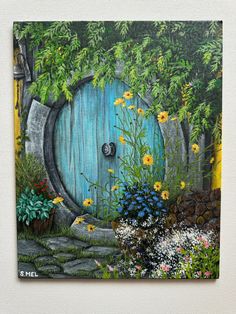 a painting of a hobbot door surrounded by flowers