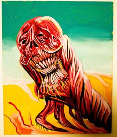 a painting of a red creature on a yellow and green background, with the image of a human face