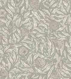 a floral wallpaper pattern with leaves and flowers on grey background, suitable for use in interior design