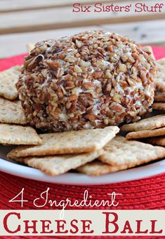 a cheese ball on top of crackers with the words six sisters stuff written below it