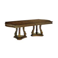 a large wooden table with gold trimmings on the top and bottom, against a white background