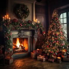 a decorated christmas tree sitting in front of a fire place next to a fireplace filled with presents