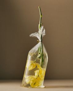 a plastic bag filled with yellow flowers on top of a table