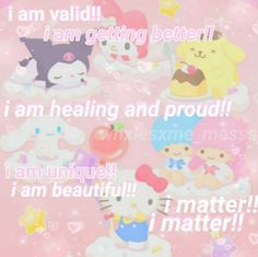 a pink background with hello kitty and other cartoon characters on it, including an i am getting better sign