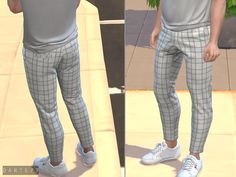 two images of a man in plaid pants and t - shirt standing on a sidewalk